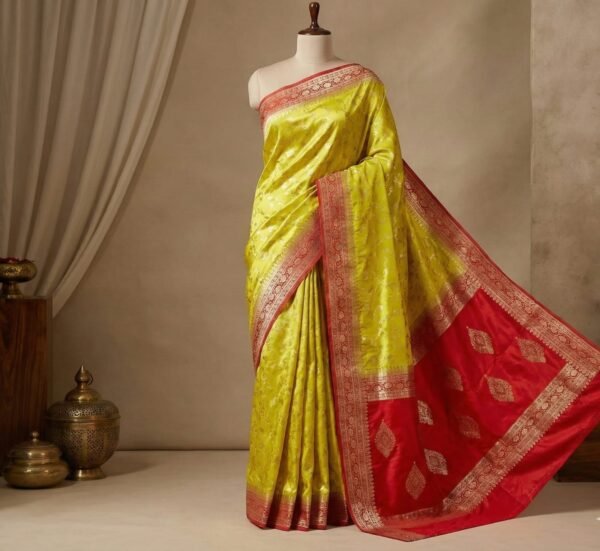 Vibrant Lime Yellow & Classic Red Gaji Satin Silk Saree with Gold Zari Weaving