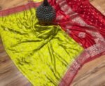 Vibrant Lime Yellow & Classic Red Gaji Satin Silk Saree with Gold Zari Weaving