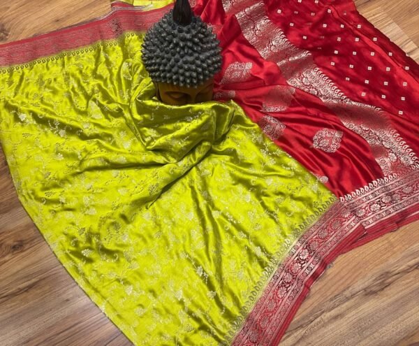 Vibrant Lime Yellow & Classic Red Gaji Satin Silk Saree with Gold Zari Weaving
