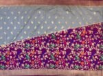 Silver Grey & Royal Purple Gold Zari Banarasi Saree with Multicolor Bird Jaal