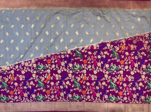 Silver Grey & Royal Purple Gold Zari Banarasi Saree with Multicolor Bird Jaal