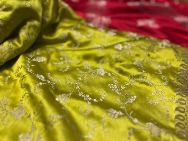 Vibrant Lime Yellow & Classic Red Gaji Satin Silk Saree with Gold Zari Weaving