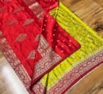 Vibrant Lime Yellow & Classic Red Gaji Satin Silk Saree with Gold Zari Weaving