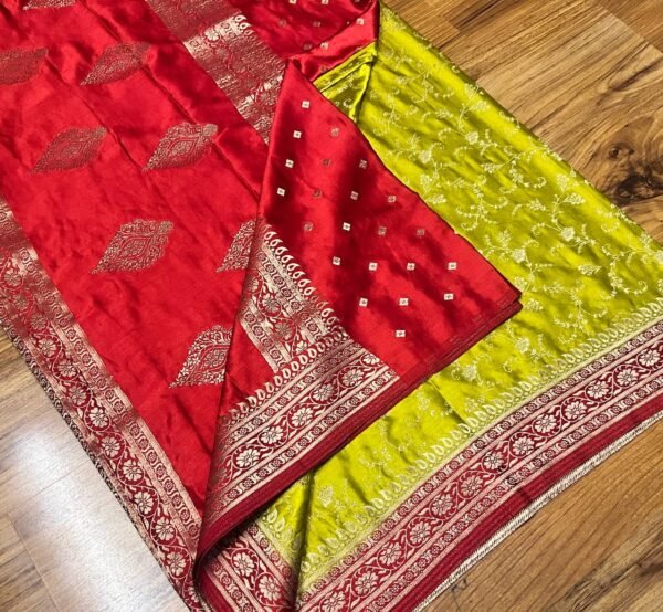Vibrant Lime Yellow & Classic Red Gaji Satin Silk Saree with Gold Zari Weaving