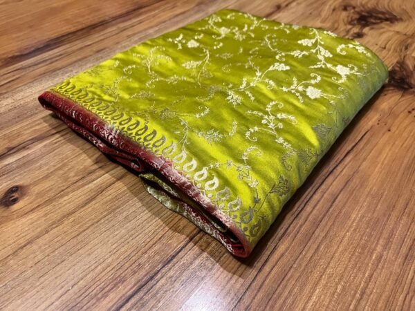 Vibrant Lime Yellow & Classic Red Gaji Satin Silk Saree with Gold Zari Weaving