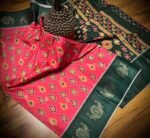 Rani Pink & Bottle Green Satin Saree with Ikat Motifs and Zari Peacock Border
