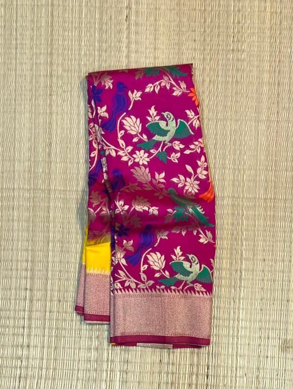 Sunshine Yellow & Rani Pink Gold Zari Banarasi Saree with Multicolor Bird Jaal