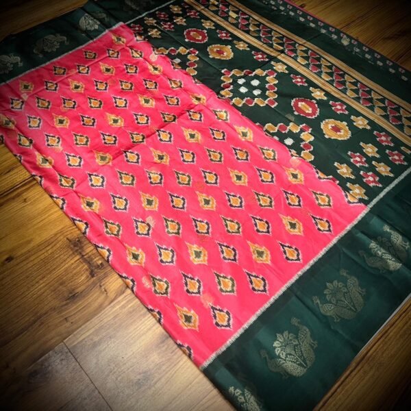 Rani Pink & Bottle Green Satin Saree with Ikat Motifs and Zari Peacock Border