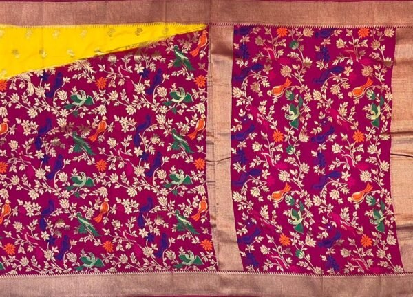 Sunshine Yellow & Rani Pink Gold Zari Banarasi Saree with Multicolor Bird Jaal