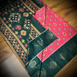 Rani Pink & Bottle Green Satin Saree with Ikat Motifs and Zari Peacock Border