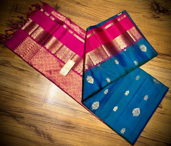 Royal Peacock Blue & Rani Pink Gold Zari Gap Border Silk Saree