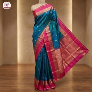 Royal Peacock Blue & Rani Pink Gold Zari Gap Border Silk Saree