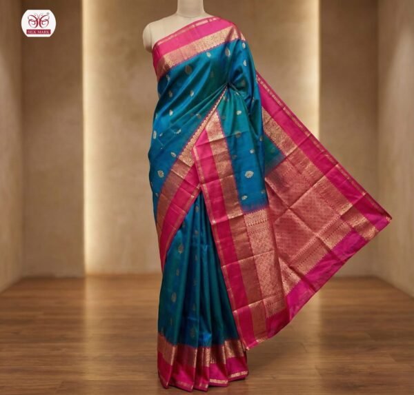 Royal Peacock Blue & Rani Pink Gold Zari Gap Border Silk Saree