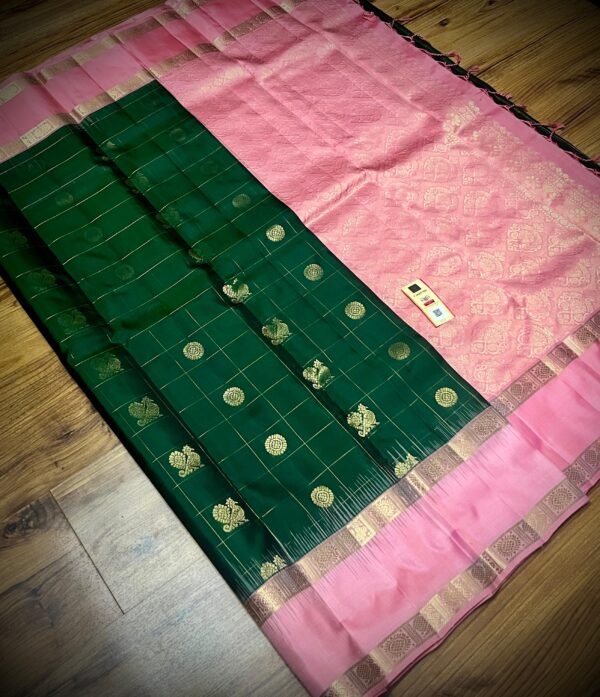 Elegant Emerald Green & Baby Pink Silk Saree with Gold Zari Weaving