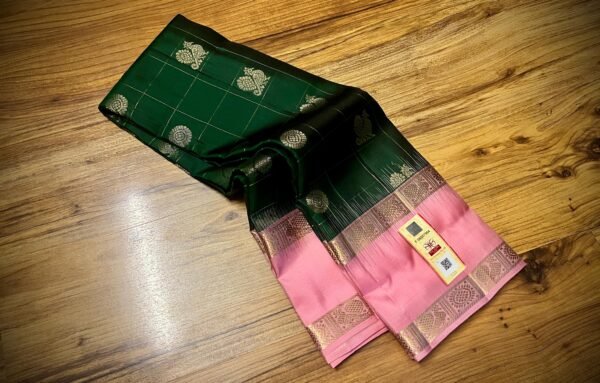 Elegant Emerald Green & Baby Pink Silk Saree with Gold Zari Weaving
