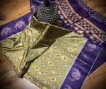 Olive Green & Royal Purple Satin Saree with Ikat Motifs and Zari Peacock Border