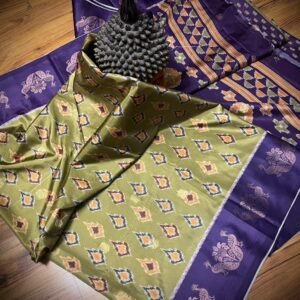 Olive Green & Royal Purple Satin Saree with Ikat Motifs and Zari Peacock Border