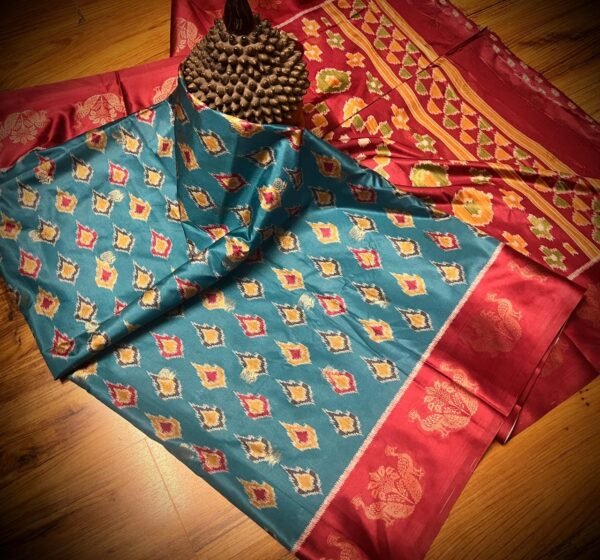 Teal Blue & Maroon Satin Saree with Ikat Motifs and Traditional Zari Border