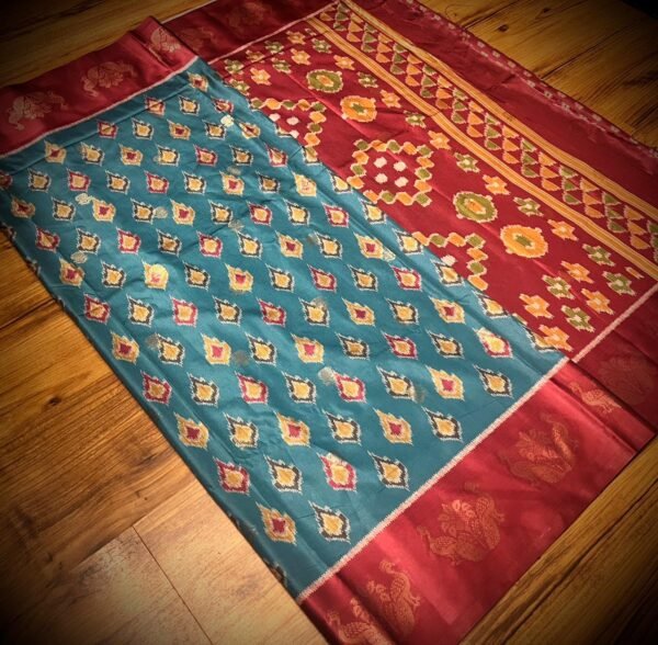 Teal Blue & Maroon Satin Saree with Ikat Motifs and Traditional Zari Border