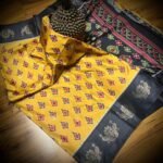 Royal Mustard Satin Saree with Black Zari Border & Traditional Motifs