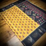 Royal Mustard Satin Saree with Black Zari Border & Traditional Motifs