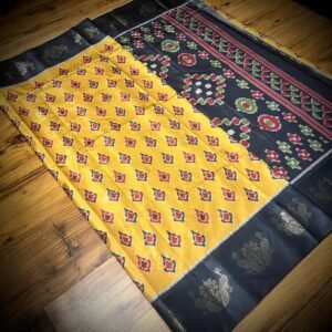 Royal Mustard Satin Saree with Black Zari Border & Traditional Motifs