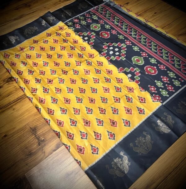 Royal Mustard Satin Saree with Black Zari Border & Traditional Motifs