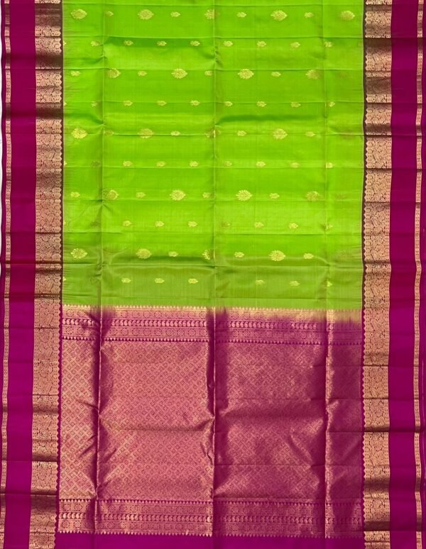 Vibrant Parrot Green & Rani Pink Gold Zari Gap Border Silk Saree