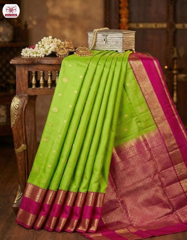 Vibrant Parrot Green & Rani Pink Gold Zari Gap Border Silk Saree