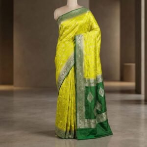 Luminous Lemon Yellow & Emerald Green Gaji Satin Silk Saree with Gold Zari Border