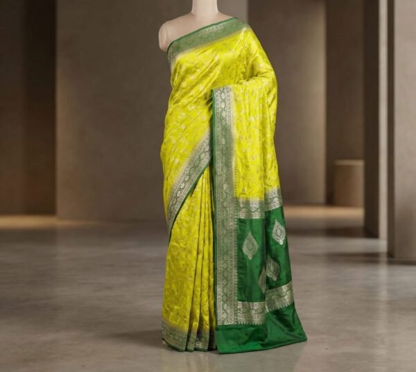 Luminous Lemon Yellow & Emerald Green Gaji Satin Silk Saree with Gold Zari Border