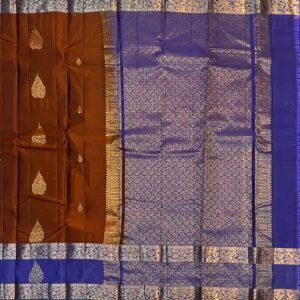 Royal Copper & Indigo Blue Kanchipuram Silk Saree with Gold Zari Gap Border