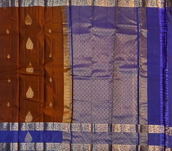 Royal Copper & Indigo Blue Kanchipuram Silk Saree with Gold Zari Gap Border