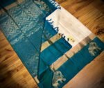 White Silk Saree with Peacock Blue Gold Zari Contrast Border