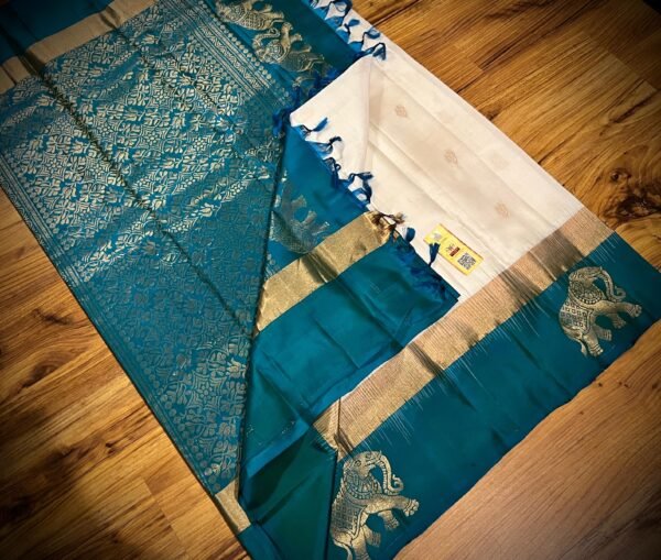 White Silk Saree with Peacock Blue Gold Zari Contrast Border