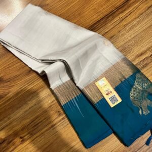 White Silk Saree with Peacock Blue Gold Zari Contrast Border
