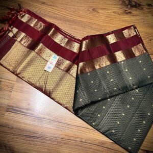 Emerald Green Gold Zari Silk Saree with Maroon Contrast Border