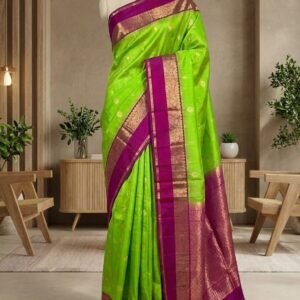 Vibrant Parrot Green & Rani Pink Gold Zari Gap Border Silk Saree