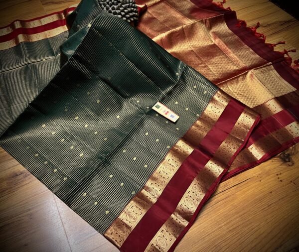 Emerald Green Gold Zari Silk Saree with Maroon Contrast Border