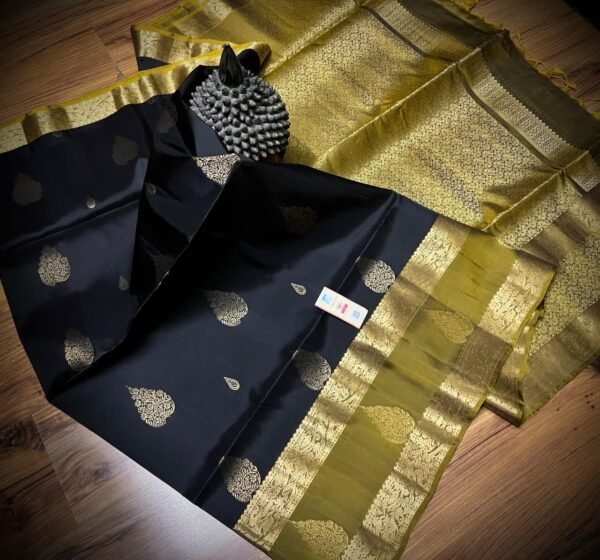 Classic Black Silk Saree with Olive Gold Zari Gap Border