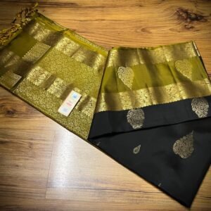 Classic Black Silk Saree with Olive Gold Zari Gap Border