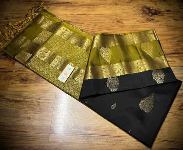 Classic Black Silk Saree with Olive Gold Zari Gap Border