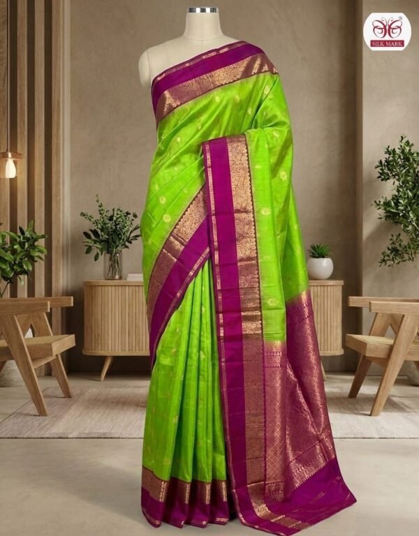 Vibrant Parrot Green & Rani Pink Gold Zari Gap Border Silk Saree