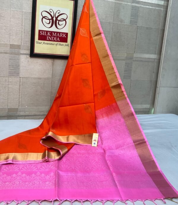 Bright Orange & Pink Gold Zari Traditional Silk Saree