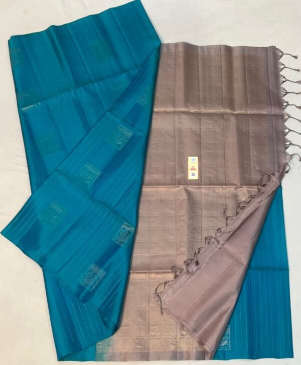 Elegant Teal Blue & Taupe Silk Saree with Subtle Gold Zari Weave