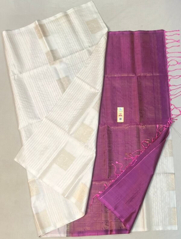 Pure White Silk Saree with Gold Zari Motifs and Magenta Contrast Pallu