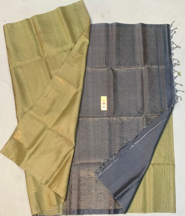 Sophisticated Olive Gold & Slate Grey Silk Saree with Subtle Gold Zari Weave
