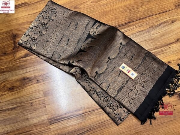 Royal Black Kanjivaram Silk Saree with Antique Gold Zari Weaving