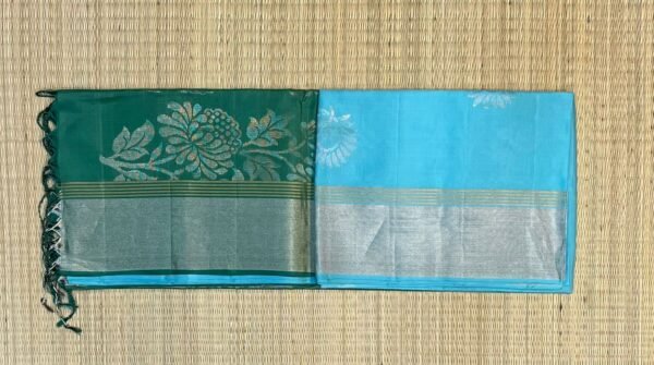Aqua Blue & Emerald Green Silk Saree with Elegant Silver Zari Border