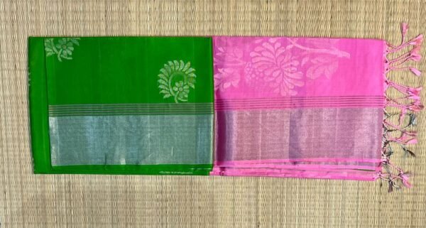 Bright Green & Candy Pink Silk Saree with Elegant Silver Zari Weaving
